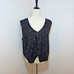 Vintage Sweet Sue Black Silk Sequin Beaded Vest Size 18